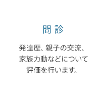 問診: 発達歴、親子の交流、家族力動などについて評価を行います。